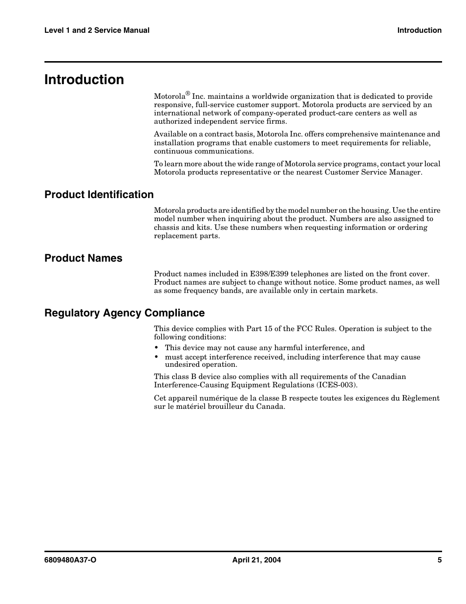 Introduction, Product identification, Product names | Regulatory agency compliance | Motorola E398 GSM User Manual | Page 5 / 44