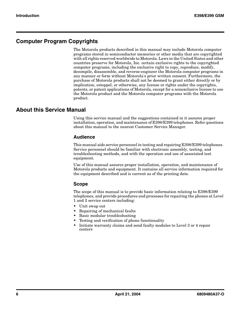 Computer program copyrights, About this service manual | Motorola E398 GSM User Manual | Page 6 / 44