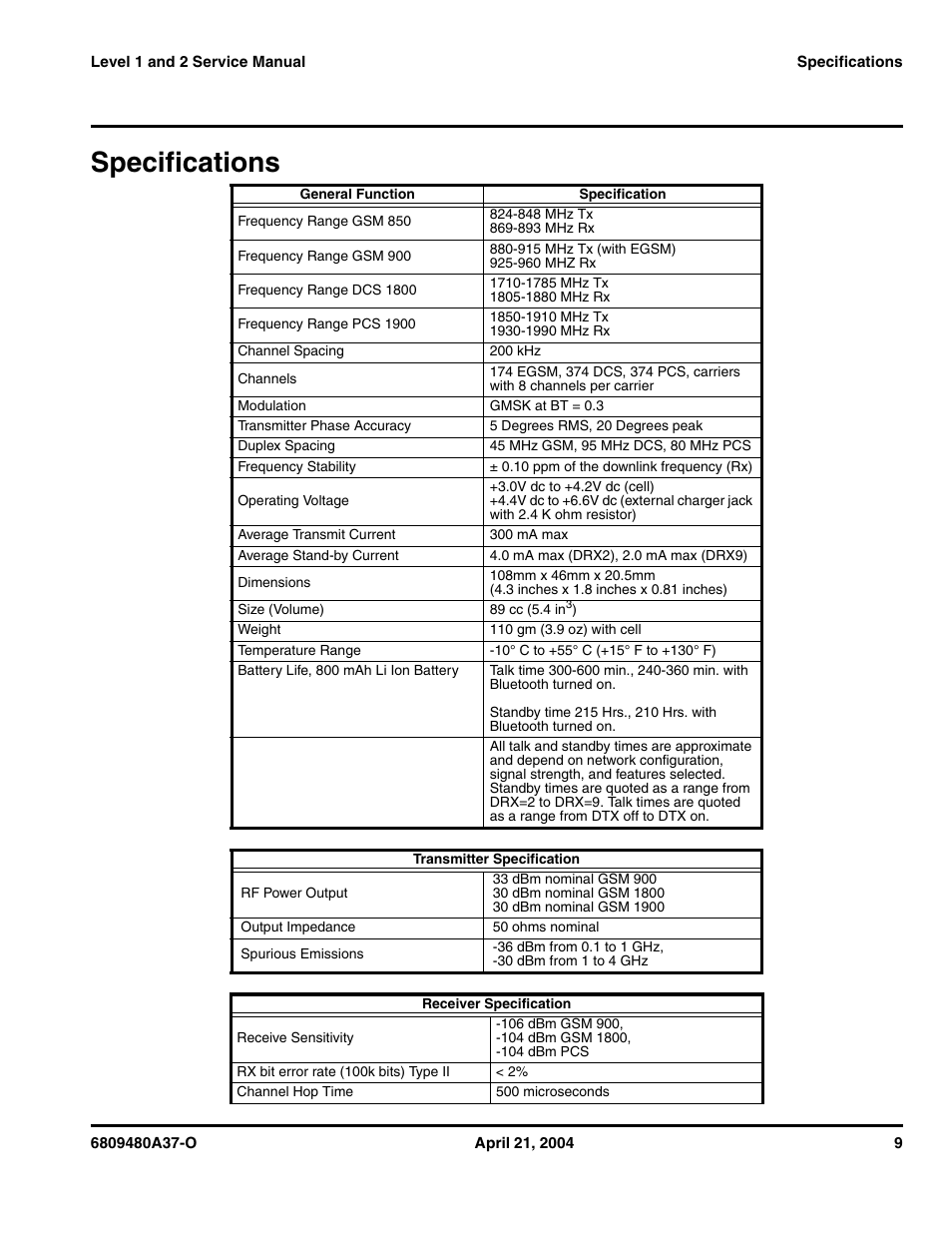 Specifications | Motorola E398 GSM User Manual | Page 9 / 44