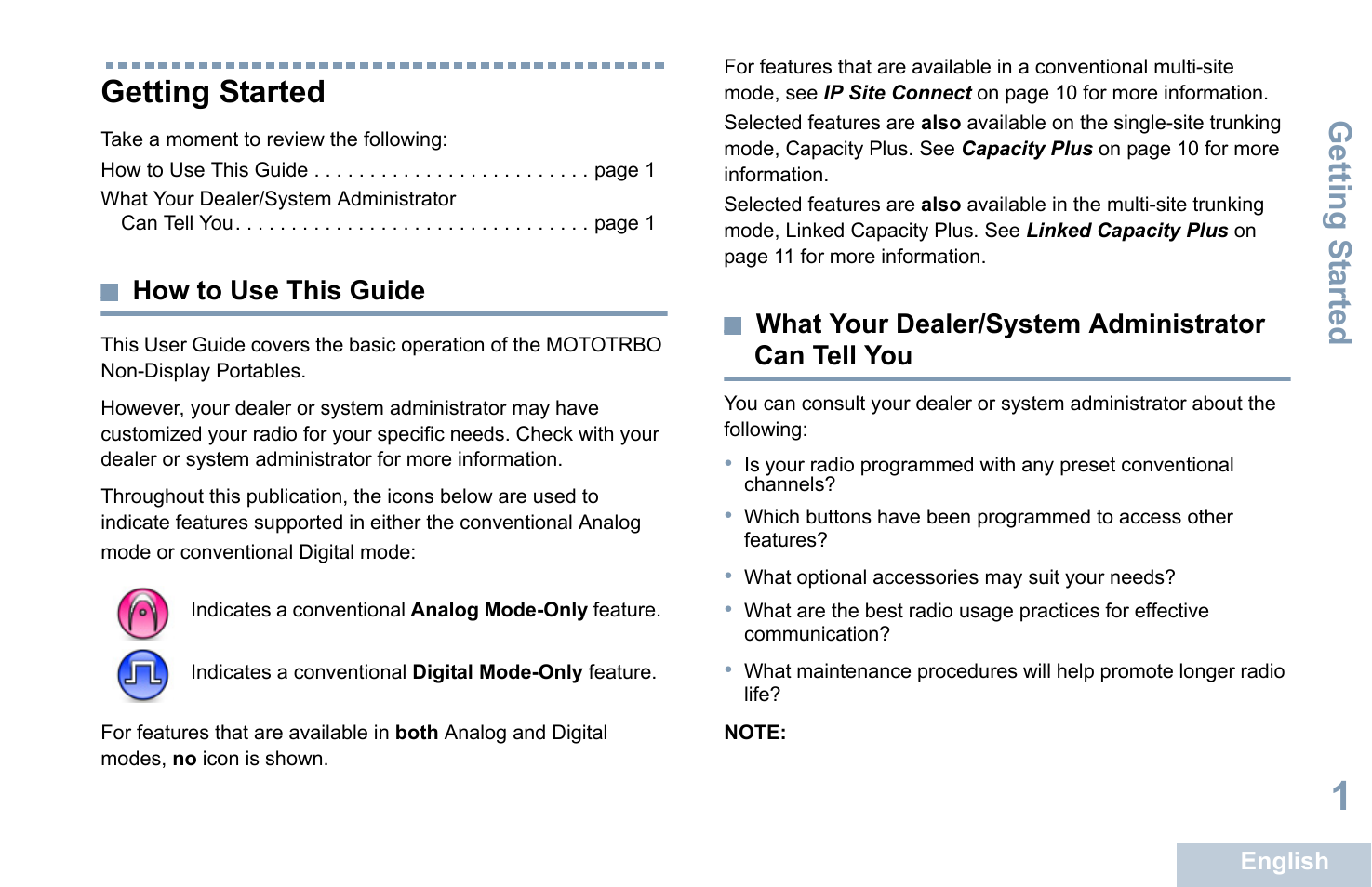 Getting started, How to use this guide, What your dealer/system administrator can tell you | Can tell you, Getting s tarted | Motorola XPR 7350 User Manual | Page 11 / 58