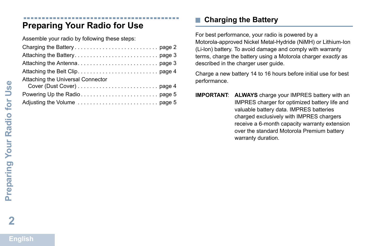 Preparing your radio for use, Charging the battery, Prep aring y o ur radio for use | Motorola XPR 7350 User Manual | Page 12 / 58