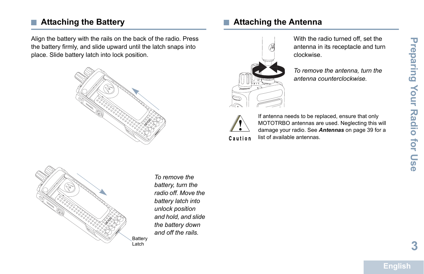 Attaching the battery, Attaching the antenna, Attaching the battery attaching the antenna | Prep aring y o ur radio for use | Motorola XPR 7350 User Manual | Page 13 / 58