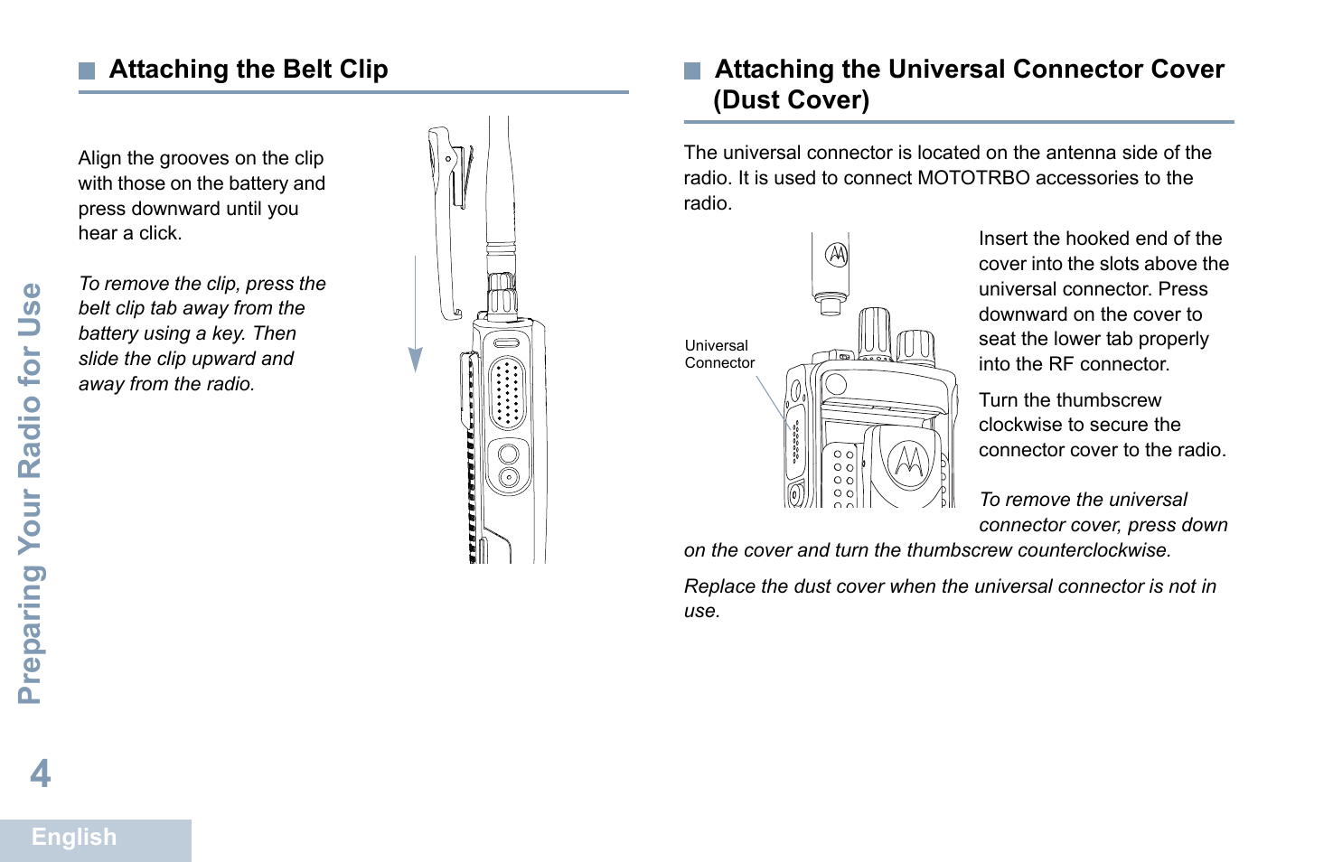 Attaching the belt clip, Prep aring y o ur radio for use | Motorola XPR 7350 User Manual | Page 14 / 58