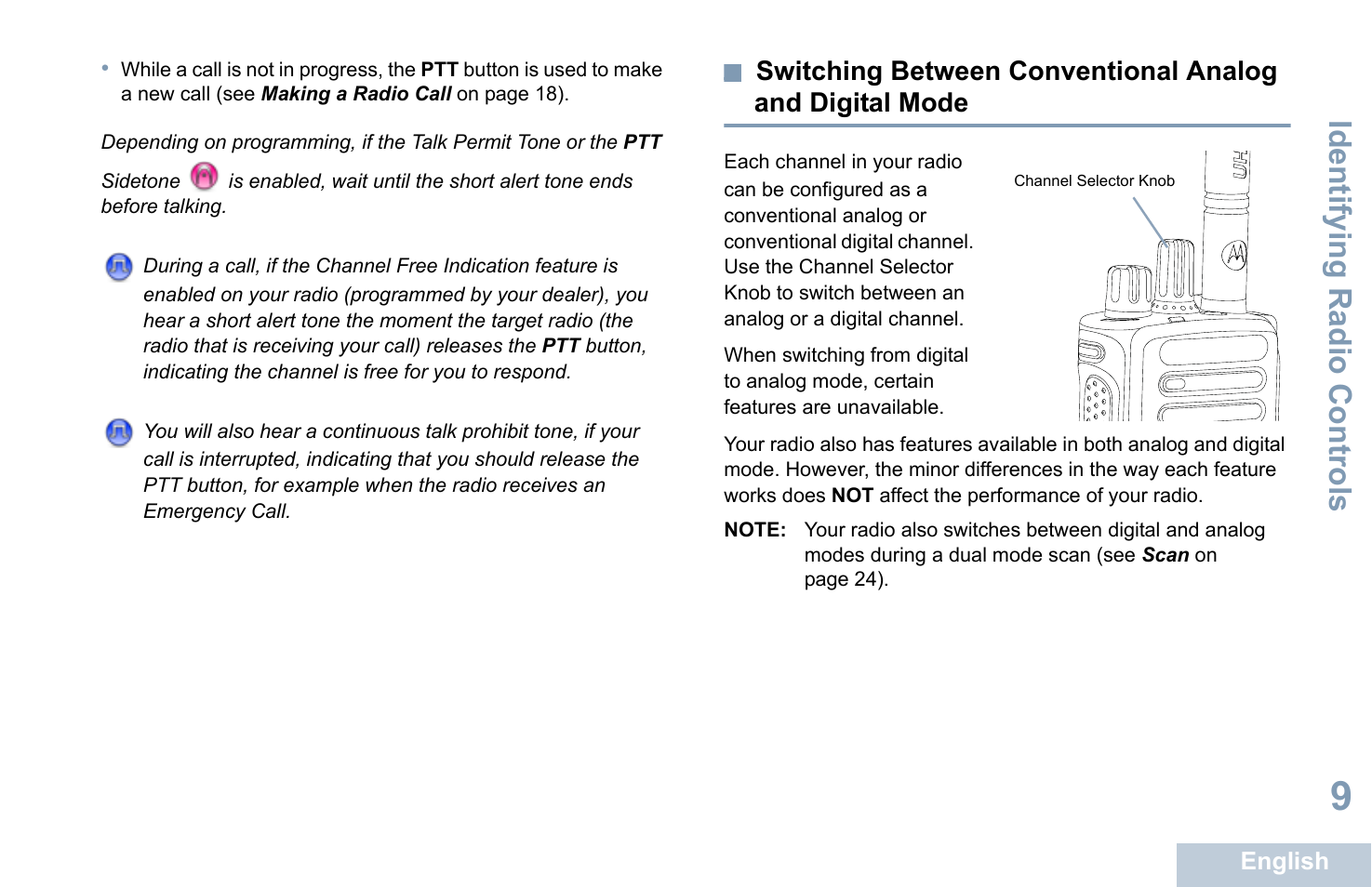 Switching between conventional analog and digital, Mode, Identifying radio controls | Motorola XPR 7350 User Manual | Page 19 / 58