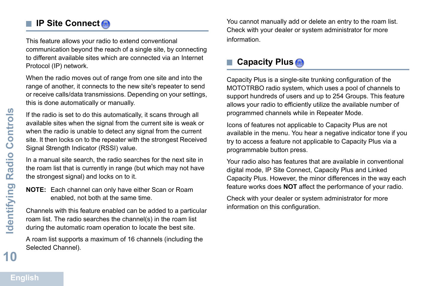 Ip site connect, Capacity plus, Ip site connect capacity plus | See capacity plus, Identifying radio controls | Motorola XPR 7350 User Manual | Page 20 / 58