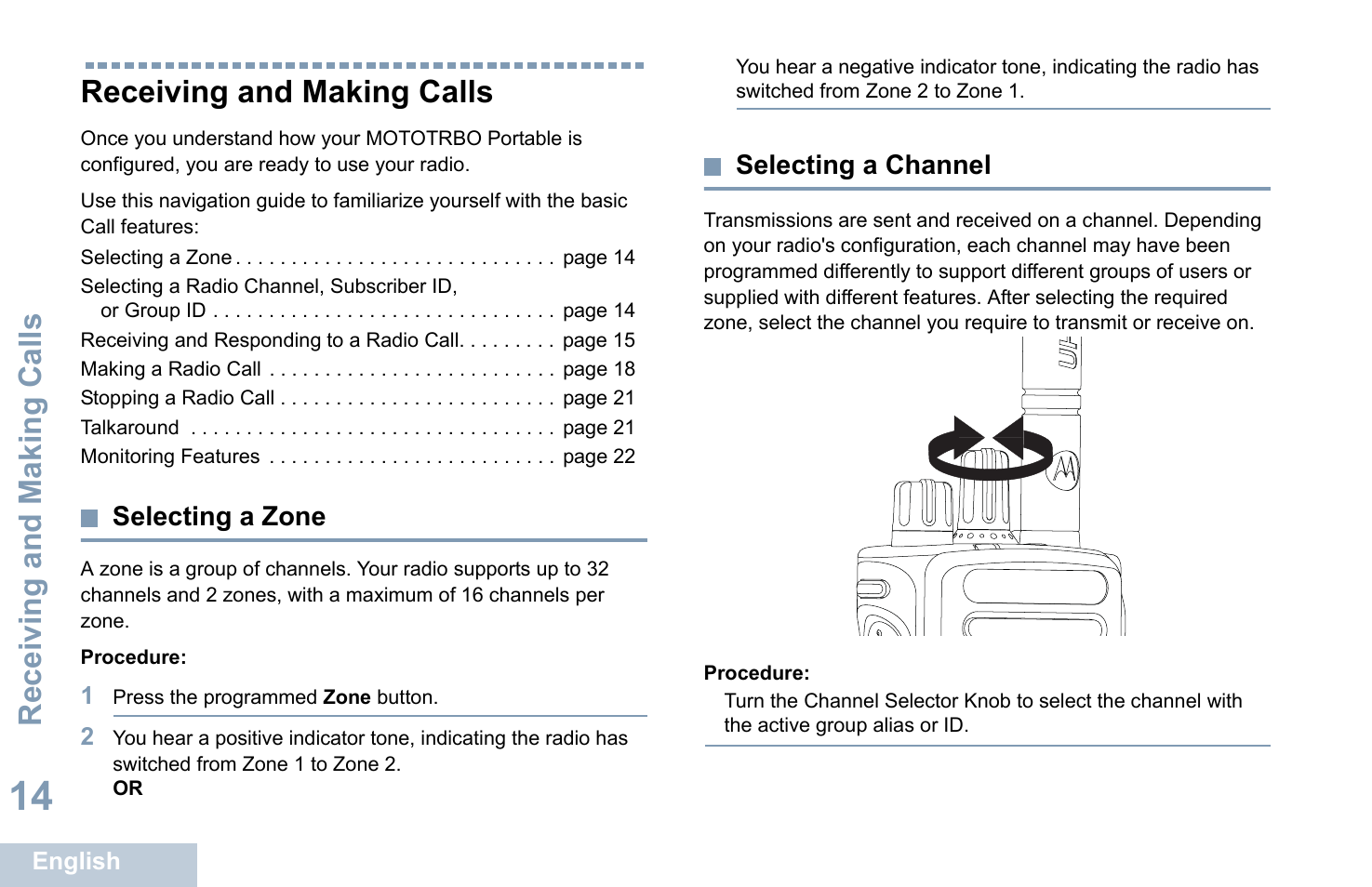 Receiving and making calls, Selecting a zone, Selecting a channel | Selecting a zone selecting a channel | Motorola XPR 7350 User Manual | Page 24 / 58