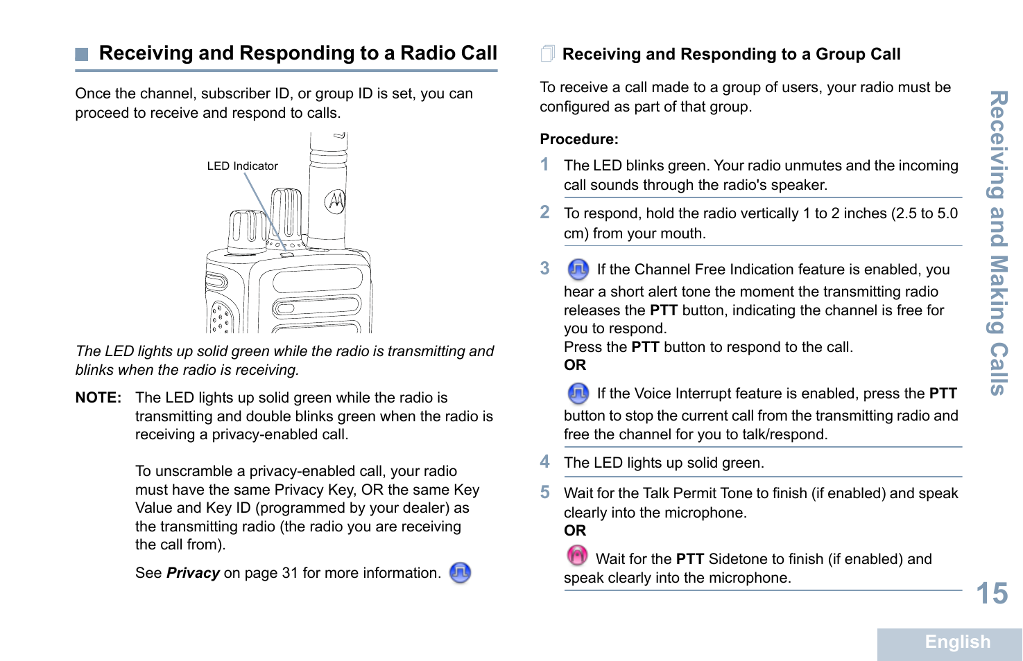 Receiving and responding to a radio call, Receiving and responding to a group call, Receiving and making calls | Motorola XPR 7350 User Manual | Page 25 / 58