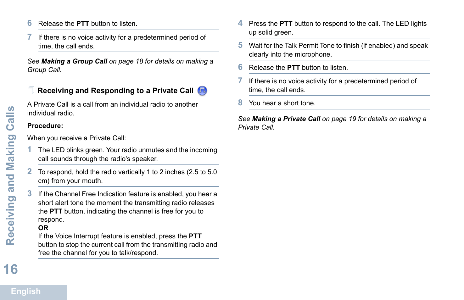 Receiving and responding to a private call, Receiving and making calls | Motorola XPR 7350 User Manual | Page 26 / 58