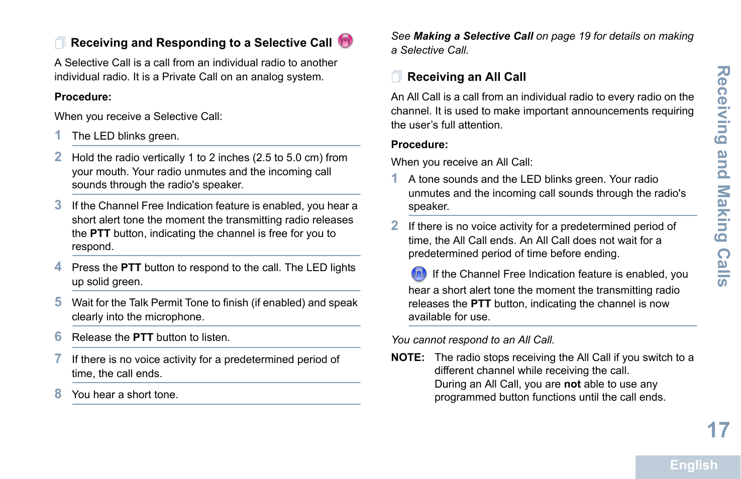 Receiving and responding to a selective call, Receiving an all call, Receiving and making calls | Motorola XPR 7350 User Manual | Page 27 / 58