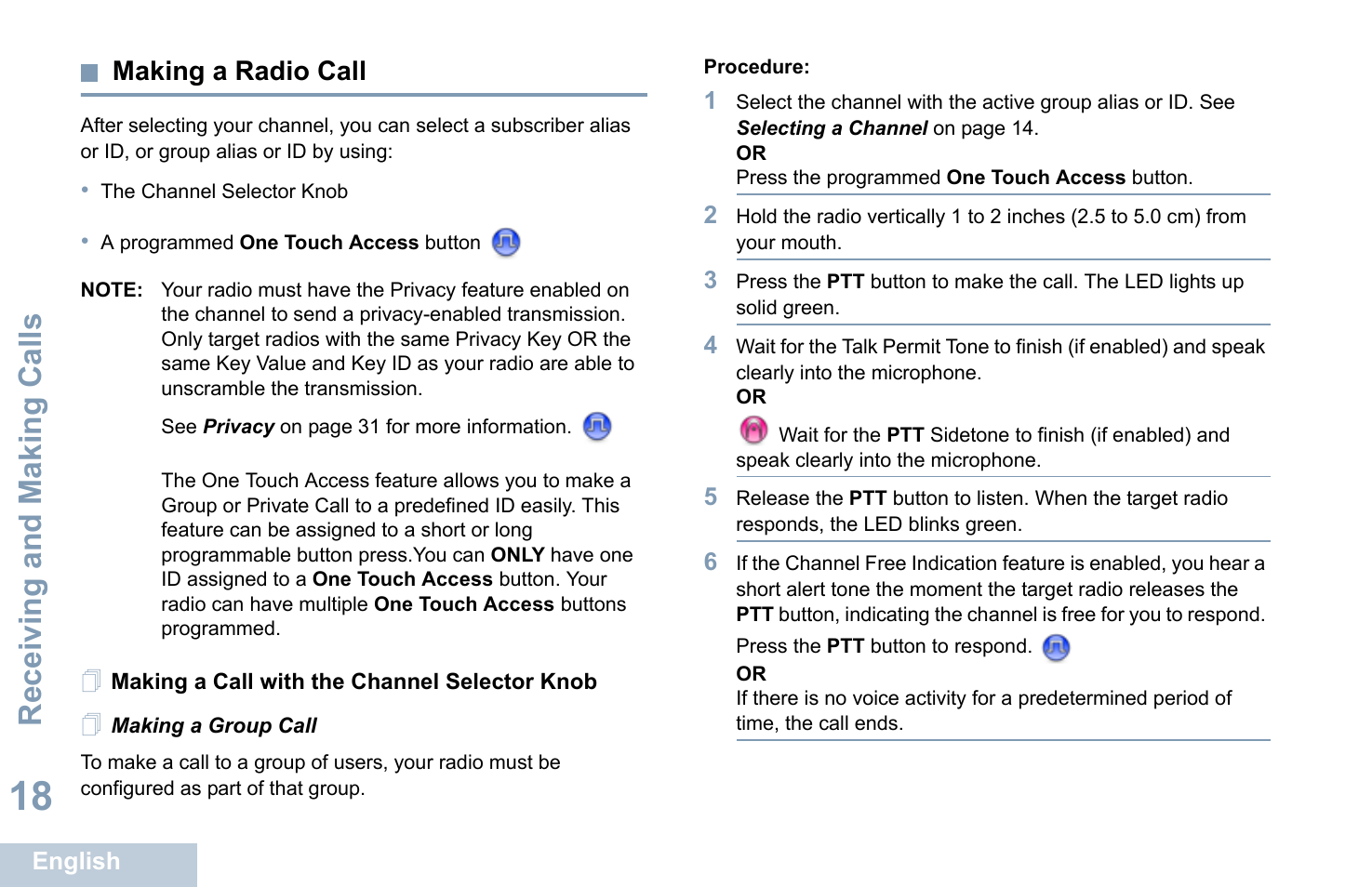 Making a radio call, Making a call with the channel selector knob, Making a group call | Receiving and making calls | Motorola XPR 7350 User Manual | Page 28 / 58