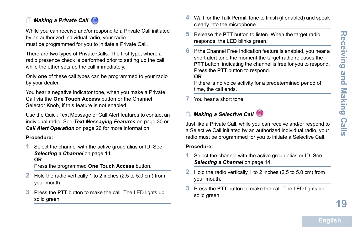 Making a private call, Making a selective call, Making a private call making a selective call | See making a private call, Receiving and making calls | Motorola XPR 7350 User Manual | Page 29 / 58