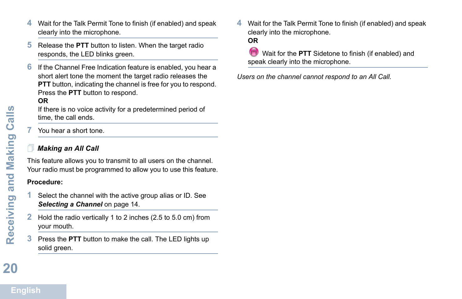 Making an all call, Receiving and making calls | Motorola XPR 7350 User Manual | Page 30 / 58