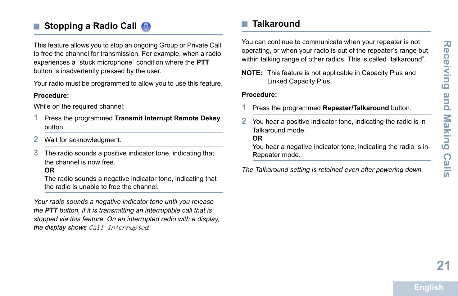 Stopping a radio call, Talkaround, Stopping a radio call talkaround | Receiving and making calls | Motorola XPR 7350 User Manual | Page 31 / 58