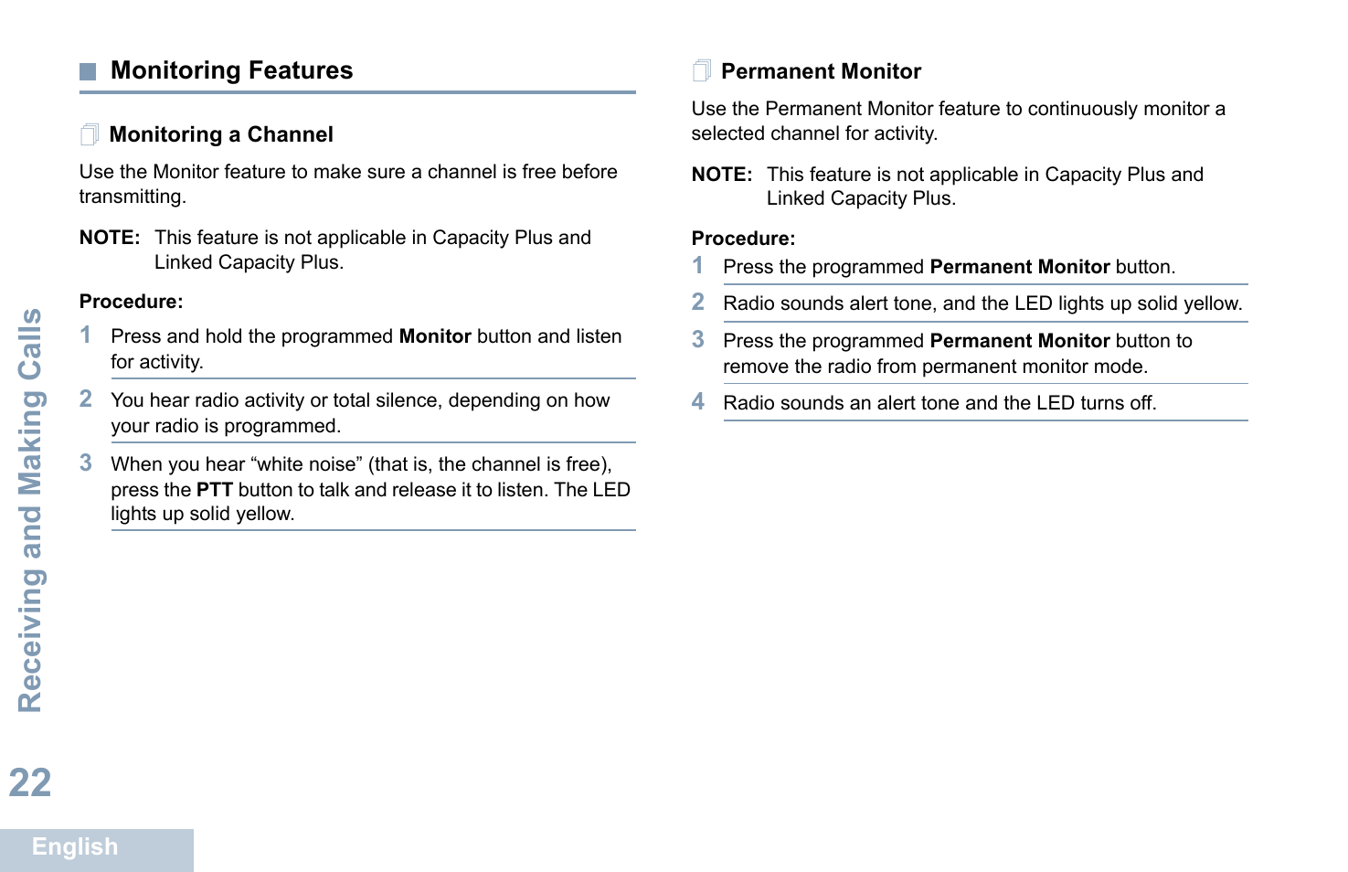 Monitoring features, Monitoring a channel, Permanent monitor | Monitoring a channel permanent monitor, Receiving and making calls | Motorola XPR 7350 User Manual | Page 32 / 58