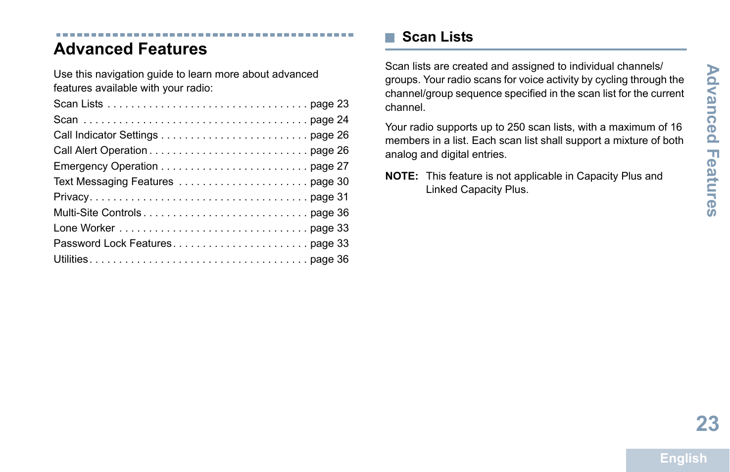 Advanced features, Scan lists | Motorola XPR 7350 User Manual | Page 33 / 58