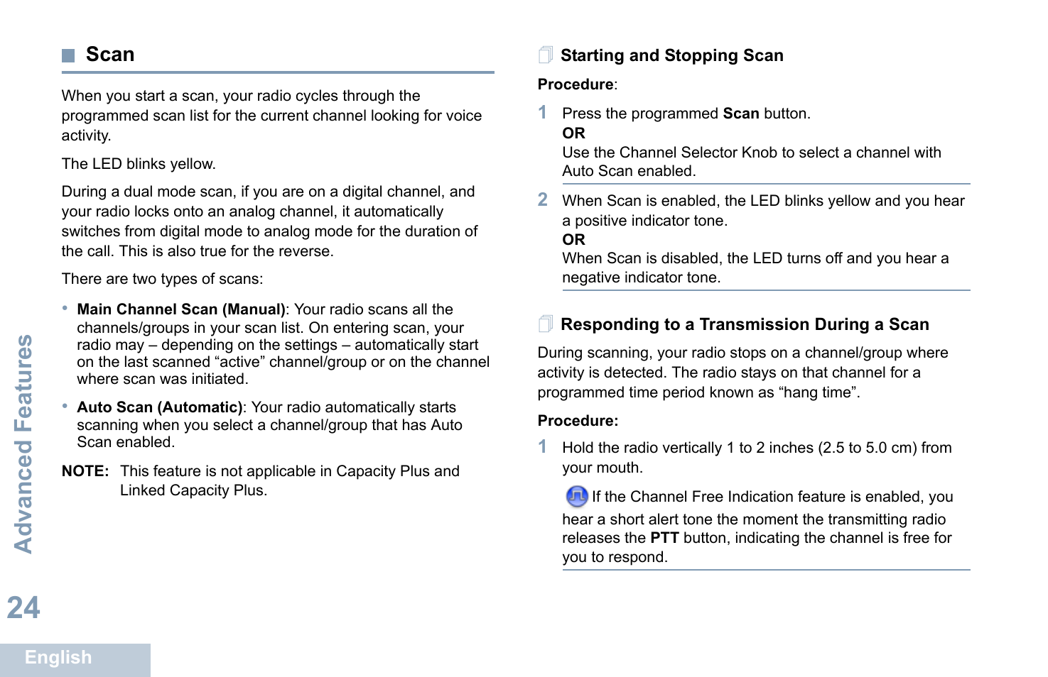 Scan, Starting and stopping scan, Responding to a transmission during a scan | Advanced features | Motorola XPR 7350 User Manual | Page 34 / 58