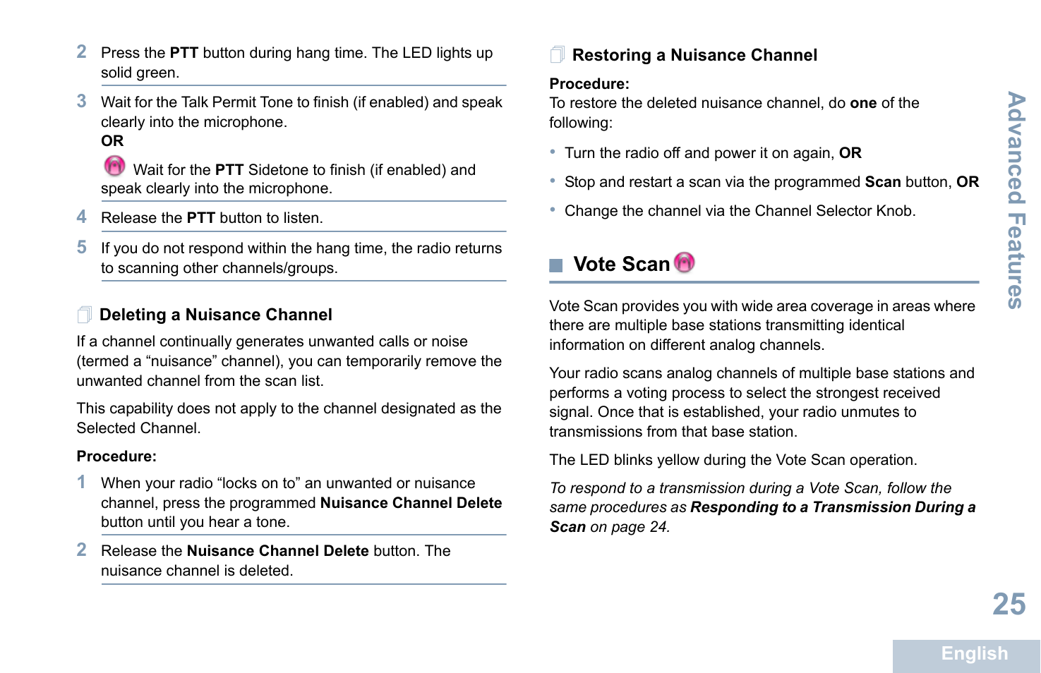 Deleting a nuisance channel, Restoring a nuisance channel, Vote scan | Advanced features | Motorola XPR 7350 User Manual | Page 35 / 58