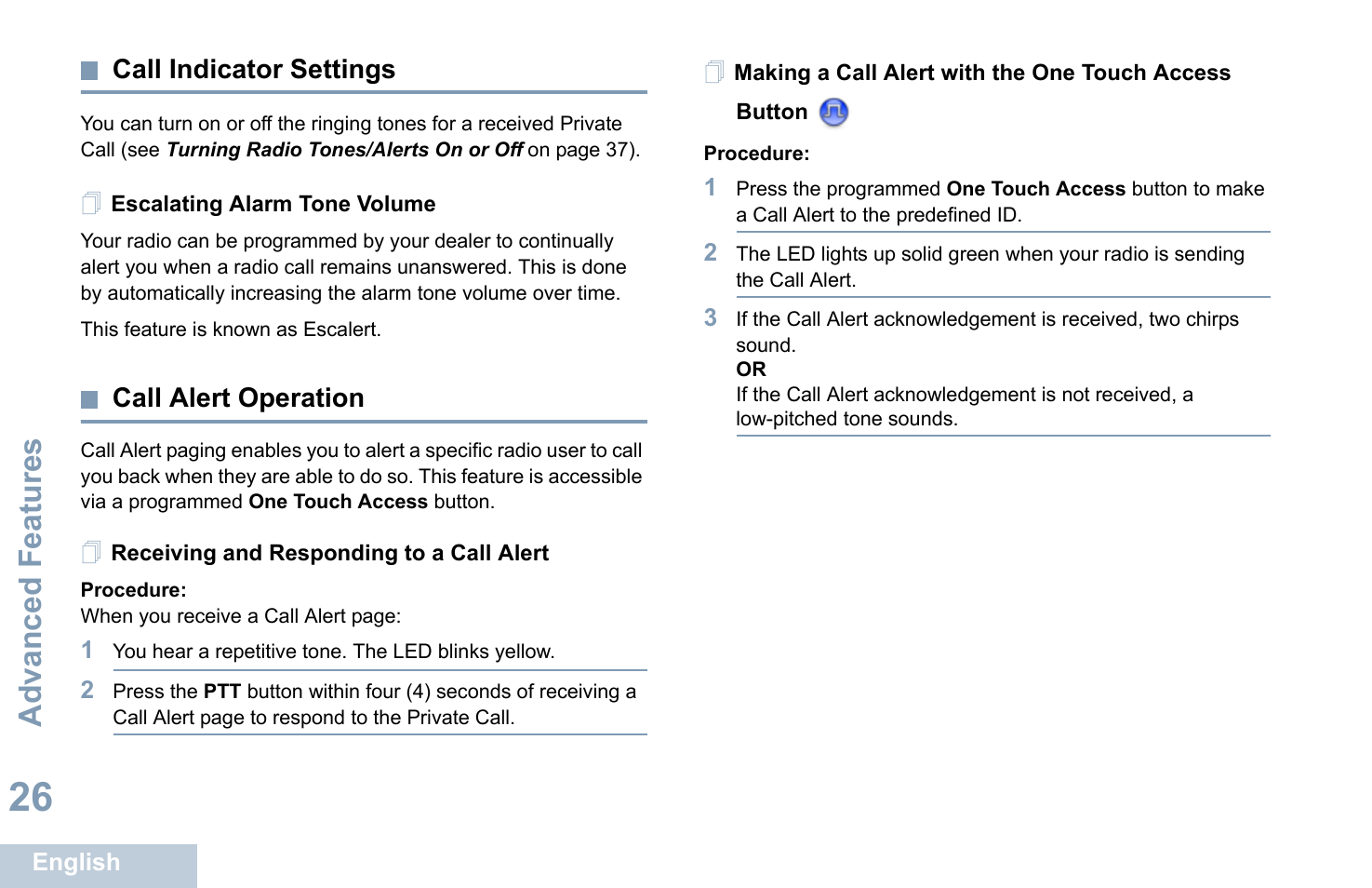 Call indicator settings, Escalating alarm tone volume, Call alert operation | Receiving and responding to a call alert, Advanced features | Motorola XPR 7350 User Manual | Page 36 / 58