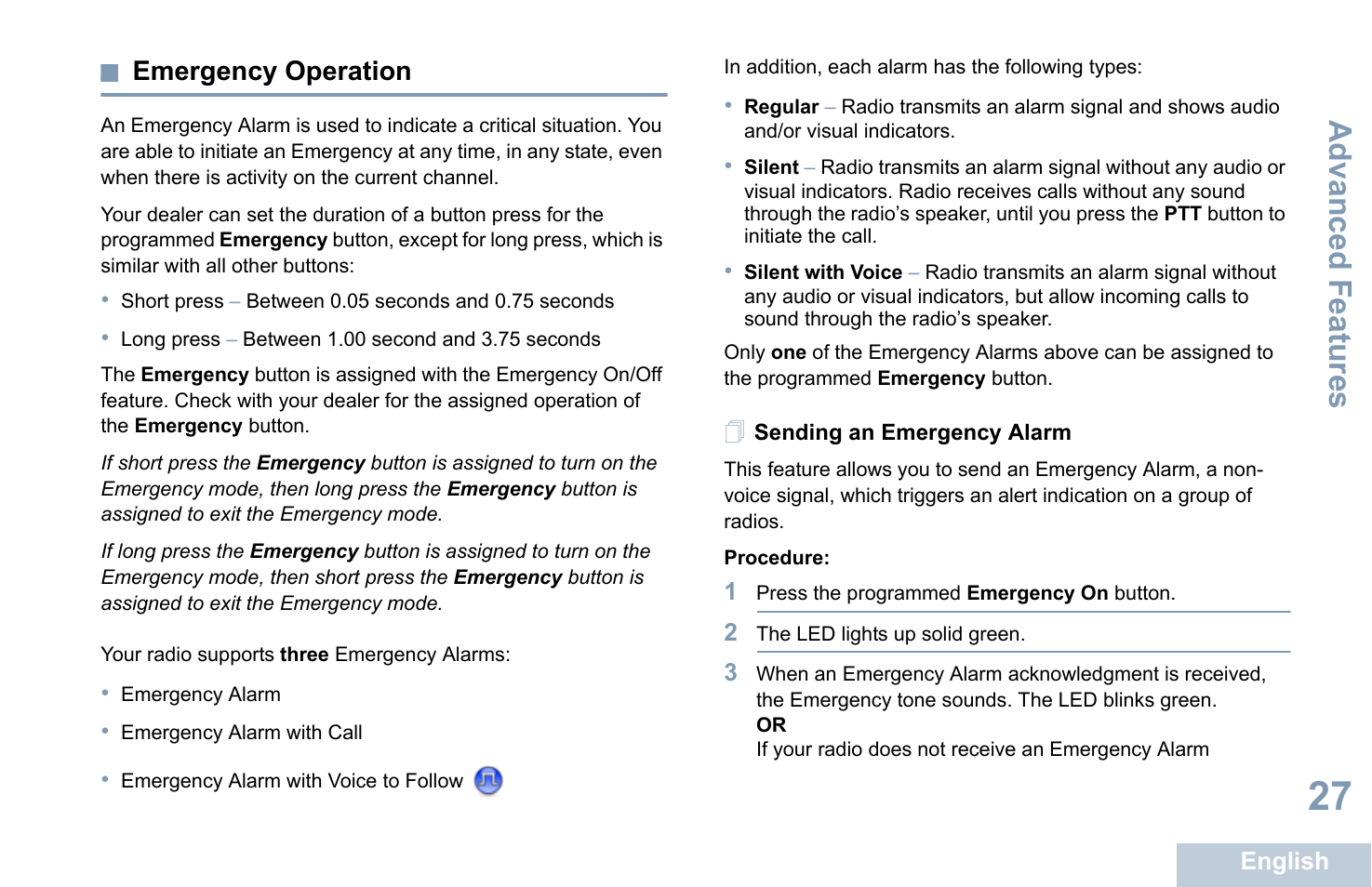 Emergency operation, Sending an emergency alarm, Advanced features | Motorola XPR 7350 User Manual | Page 37 / 58