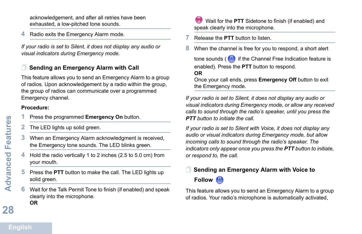 Sending an emergency alarm with call, Sending an emergency alarm with voice to follow, Advanced features | Motorola XPR 7350 User Manual | Page 38 / 58