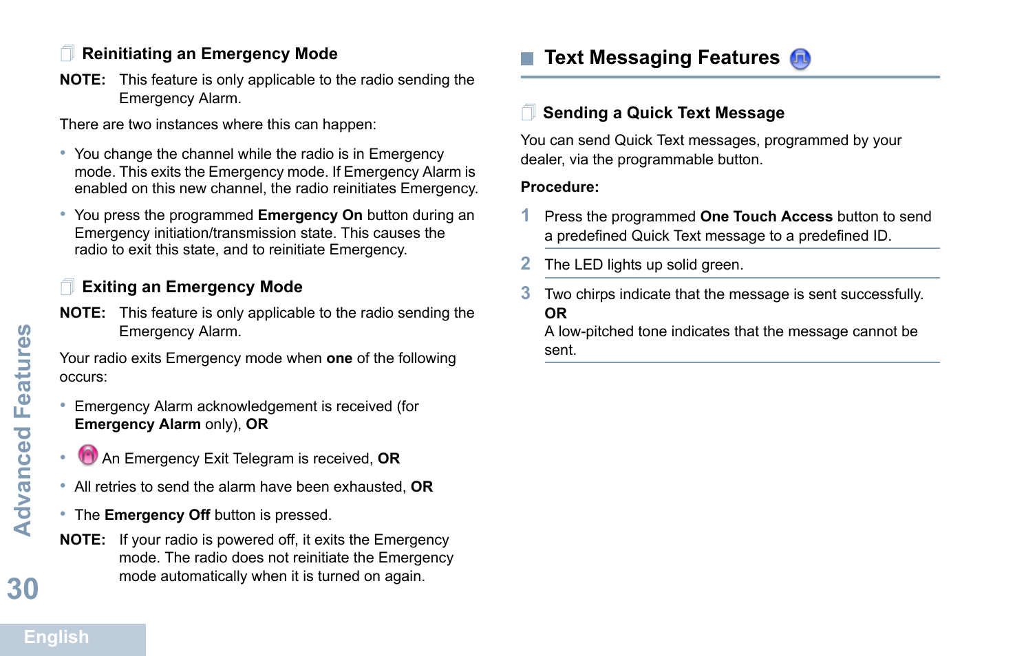 Reinitiating an emergency mode, Exiting an emergency mode, Text messaging features | Sending a quick text message, Advanced features | Motorola XPR 7350 User Manual | Page 40 / 58