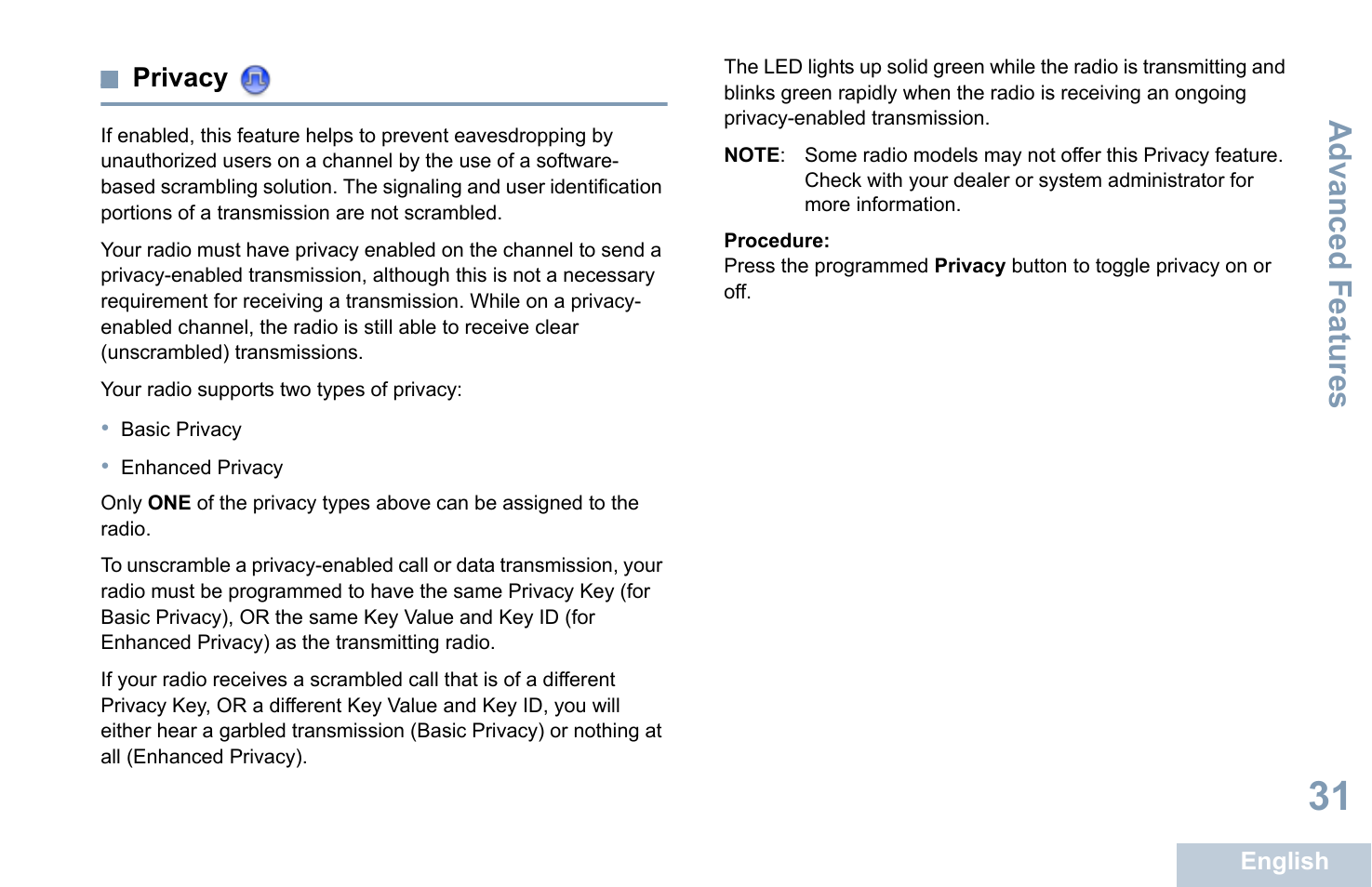 Privacy, Advanced features | Motorola XPR 7350 User Manual | Page 41 / 58