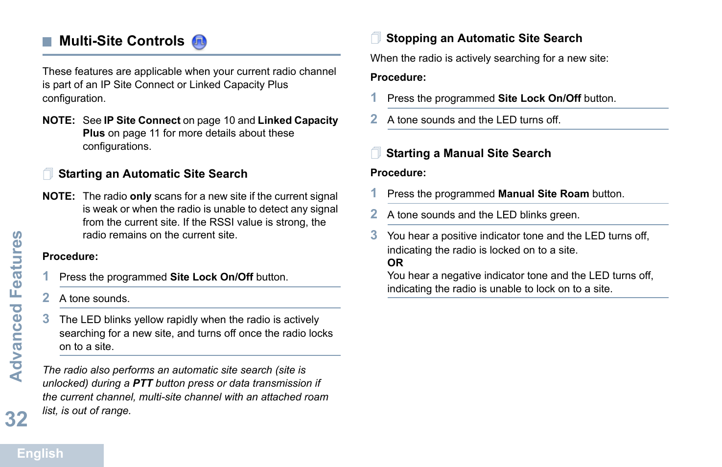 Multi-site controls, Starting an automatic site search, Stopping an automatic site search | Starting a manual site search, Advanced features | Motorola XPR 7350 User Manual | Page 42 / 58