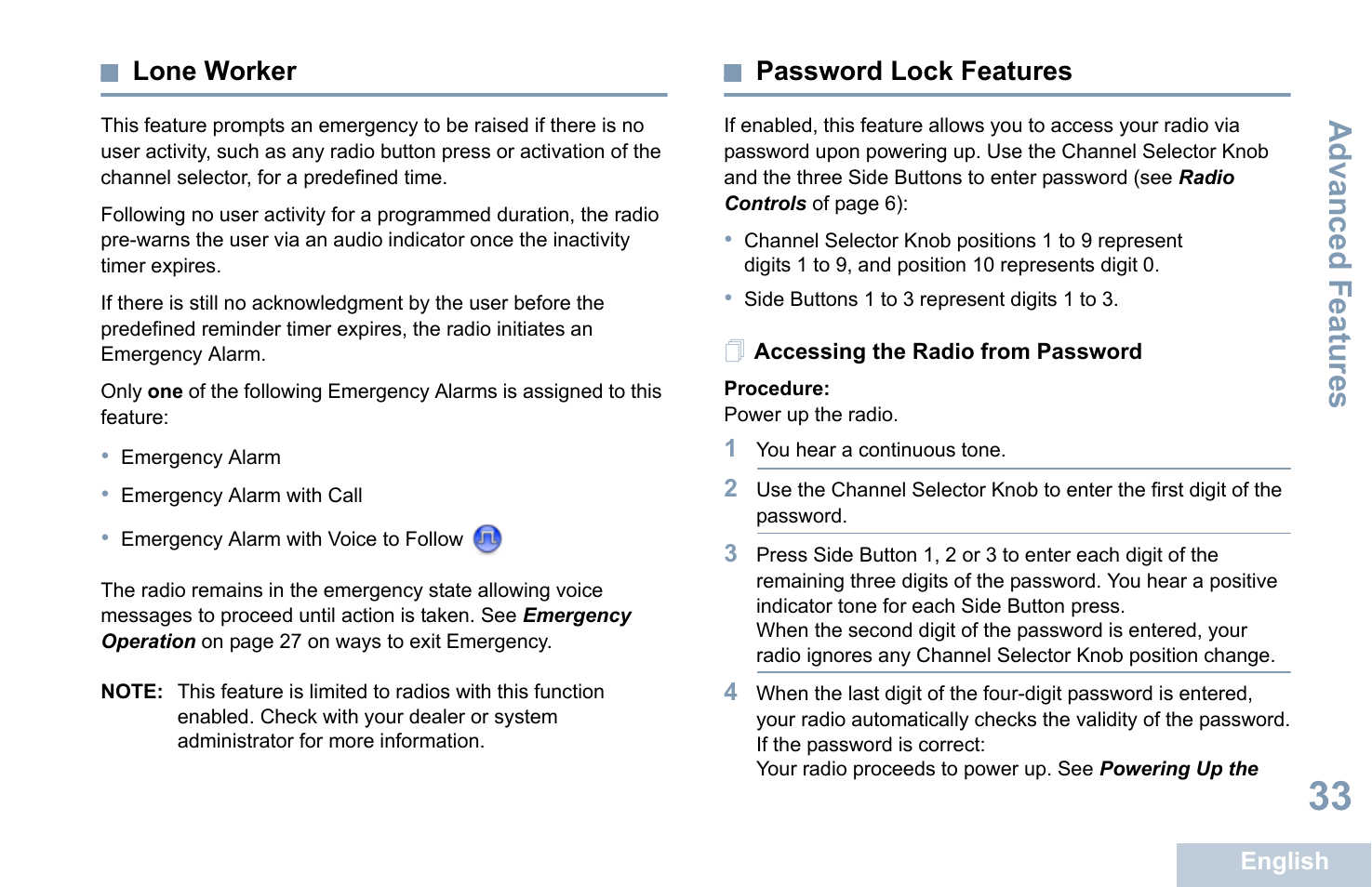 Lone worker, Password lock features, Accessing the radio from password | Lone worker password lock features, Advanced features | Motorola XPR 7350 User Manual | Page 43 / 58