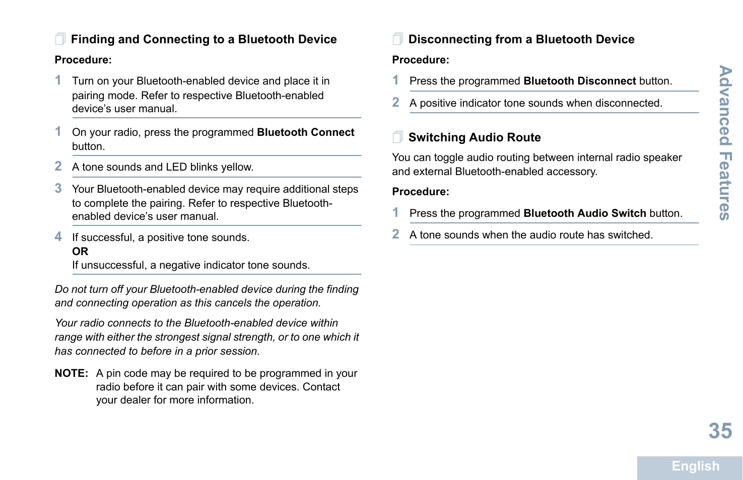 Finding and connecting to a bluetooth device, Disconnecting from a bluetooth device, Switching audio route | Advanced features | Motorola XPR 7350 User Manual | Page 45 / 58