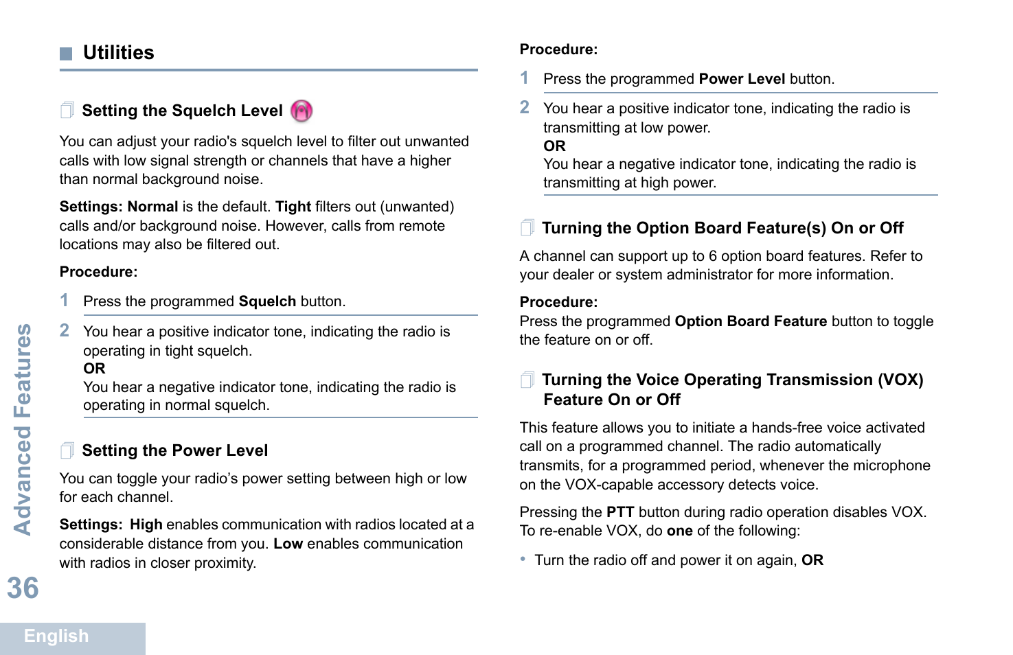 Utilities, Setting the squelch level, Setting the power level | Turning the option board feature(s) on or off, Advanced features | Motorola XPR 7350 User Manual | Page 46 / 58