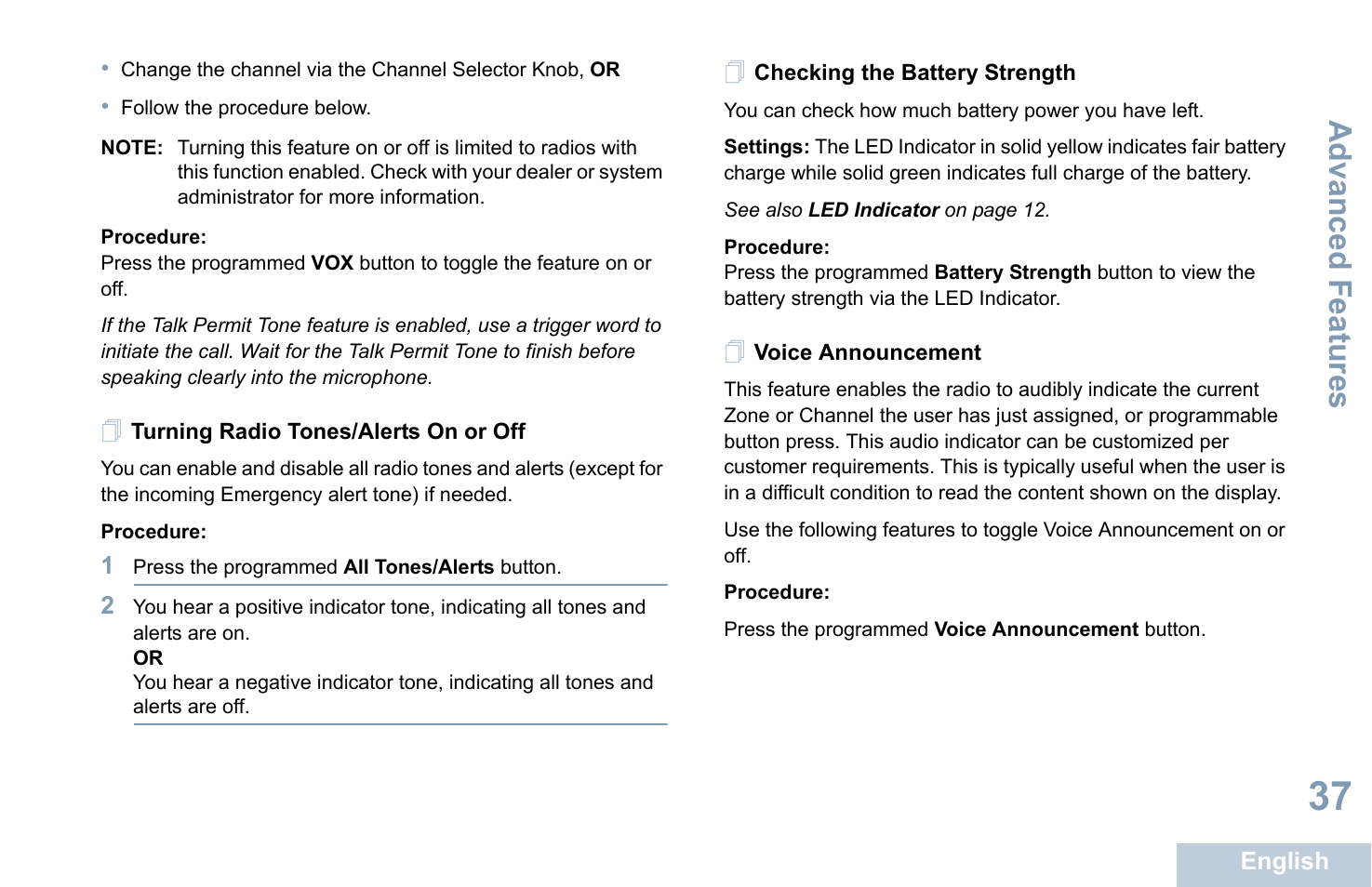 Turning radio tones/alerts on or off, Checking the battery strength, Voice announcement | Advanced features | Motorola XPR 7350 User Manual | Page 47 / 58