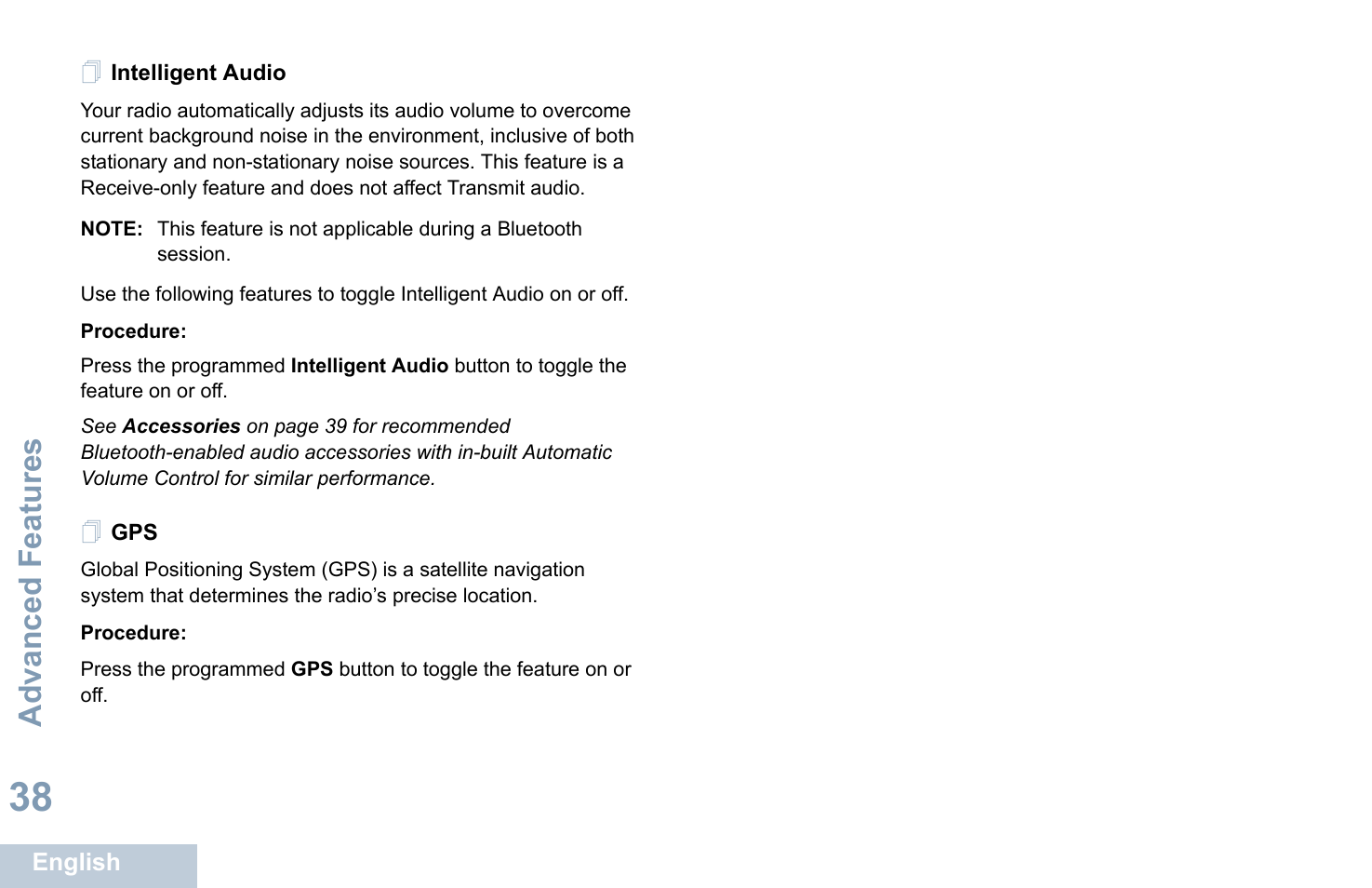 Intelligent audio, Intelligent audio gps, Advanced features | Motorola XPR 7350 User Manual | Page 48 / 58