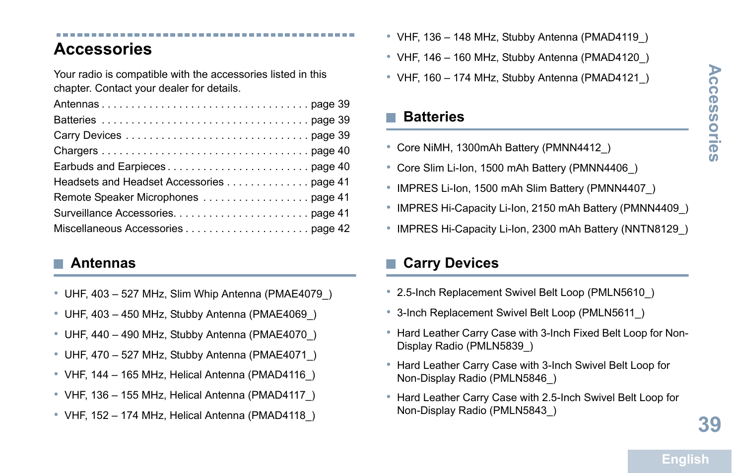 Accessories, Antennas, Batteries | Carry devices, Antennas batteries carry devices | Motorola XPR 7350 User Manual | Page 49 / 58