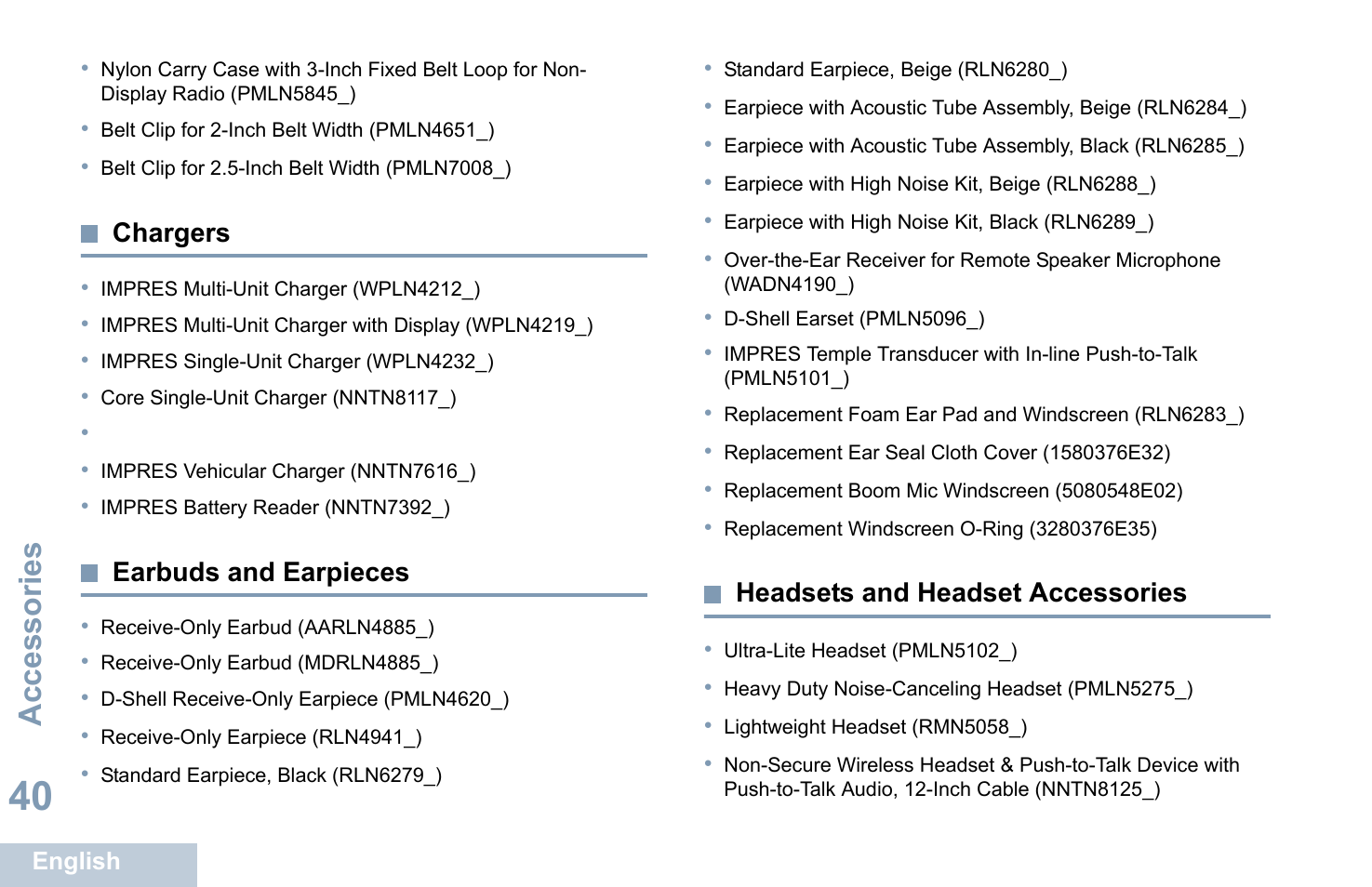 Chargers, Earbuds and earpieces, Headsets and headset accessories | Accessories | Motorola XPR 7350 User Manual | Page 50 / 58