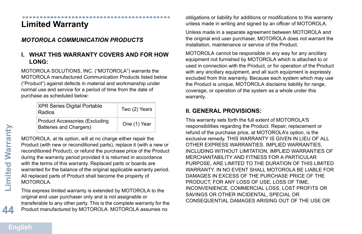 Limited warranty, Motorola communication products, I. what this warranty covers and for how long | Ii. general provisions, Limited w arranty | Motorola XPR 7350 User Manual | Page 54 / 58