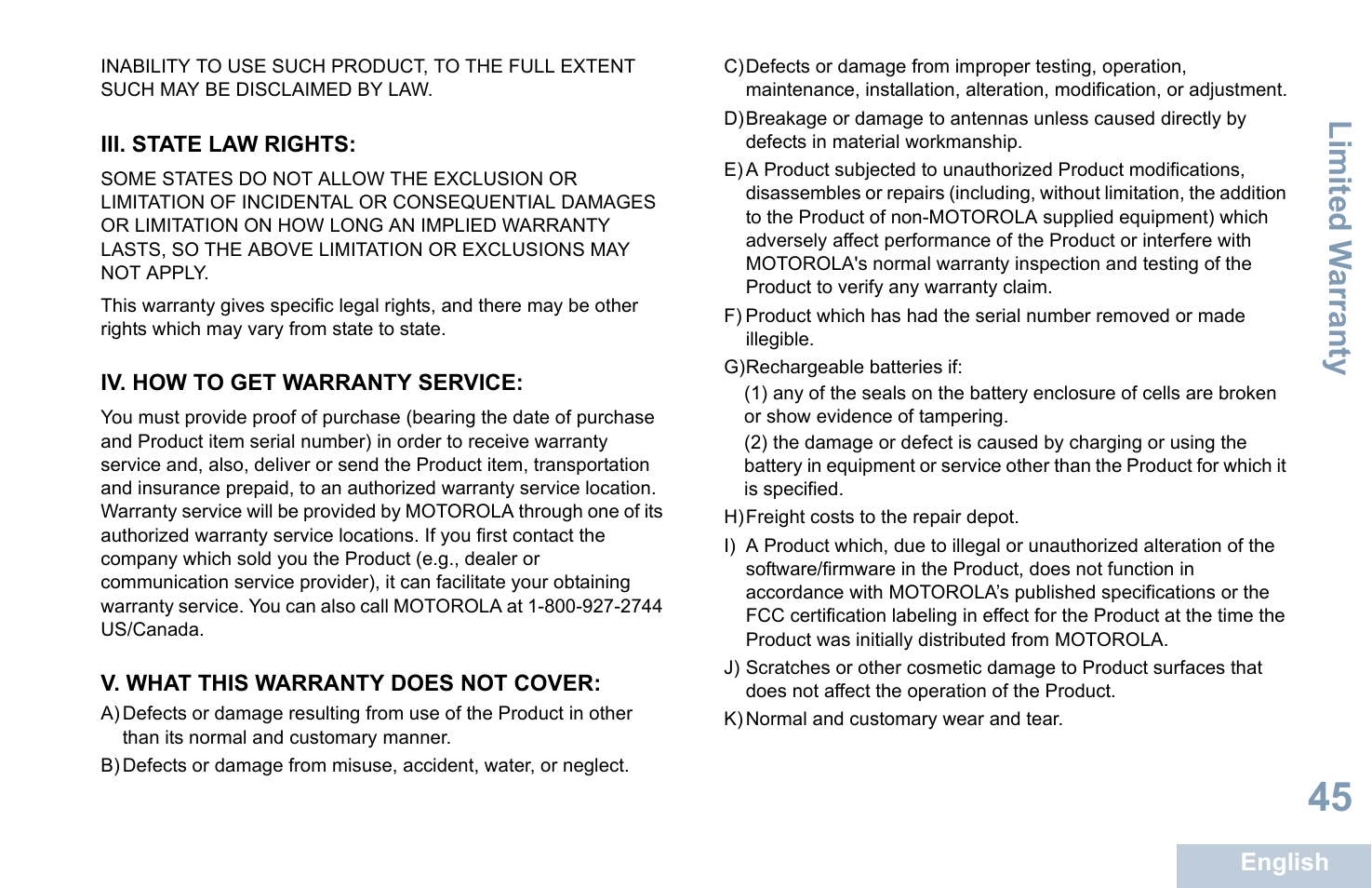 Iii. state law rights, Iv. how to get warranty service, V. what this warranty does not cover | Li mit ed w arra nty | Motorola XPR 7350 User Manual | Page 55 / 58