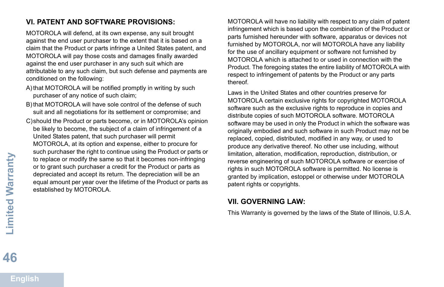 Vi. patent and software provisions, Vii. governing law, Limited w arranty | Motorola XPR 7350 User Manual | Page 56 / 58