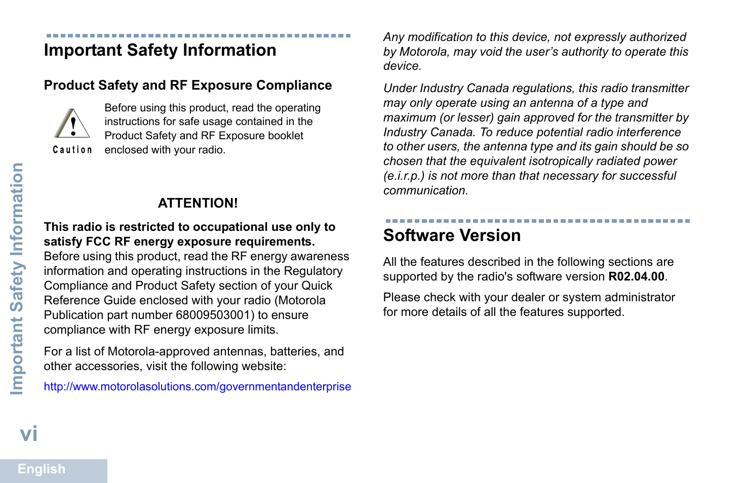 Important safety information, Product safety and rf exposure compliance, Software version | Product safety and rf exposure compliance . . . vi, Import ant safety information | Motorola XPR 7350 User Manual | Page 8 / 58