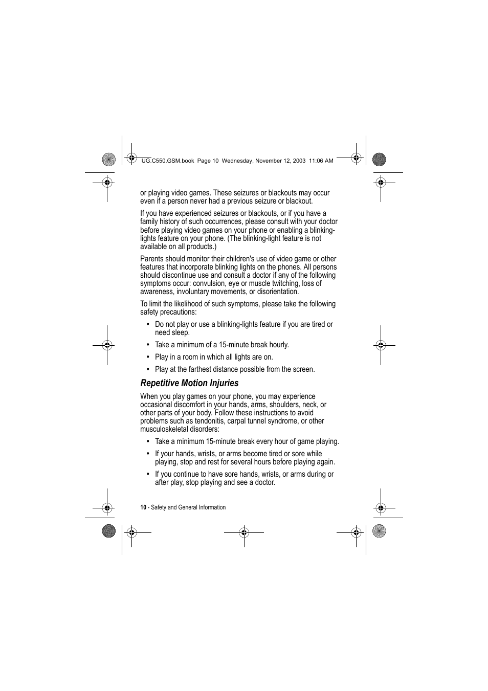 Repetitive motion injuries | Motorola C550 User Manual | Page 10 / 110