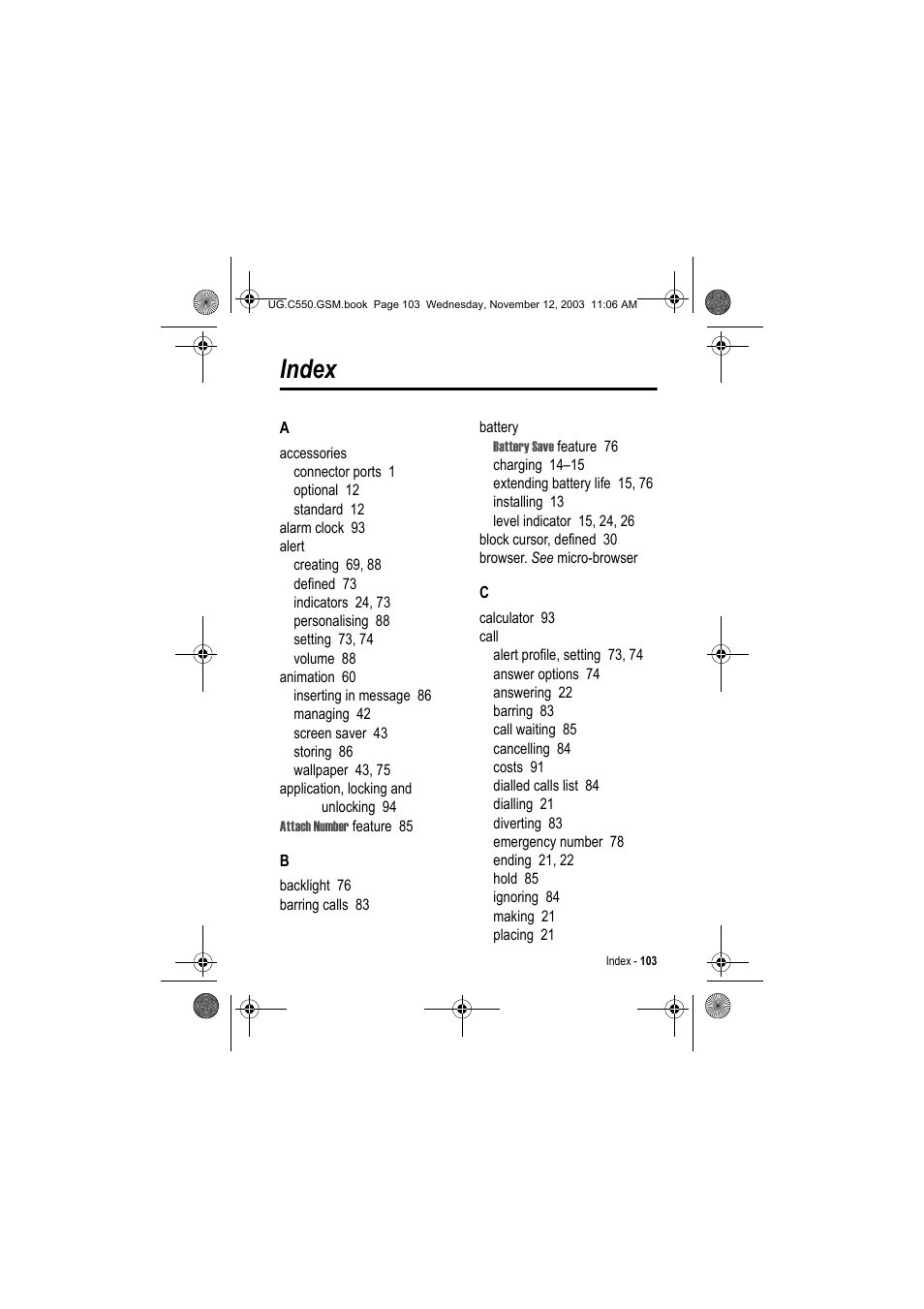 Index | Motorola C550 User Manual | Page 103 / 110