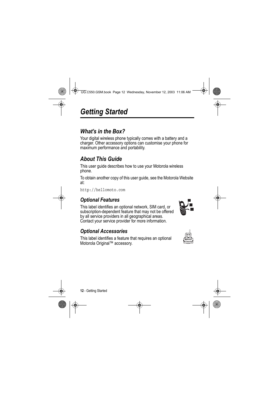 Getting started, What’s in the box, About this guide | Motorola C550 User Manual | Page 12 / 110