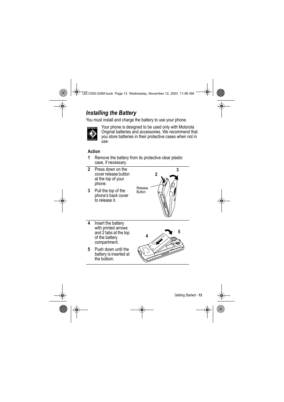 Installing the battery | Motorola C550 User Manual | Page 13 / 110