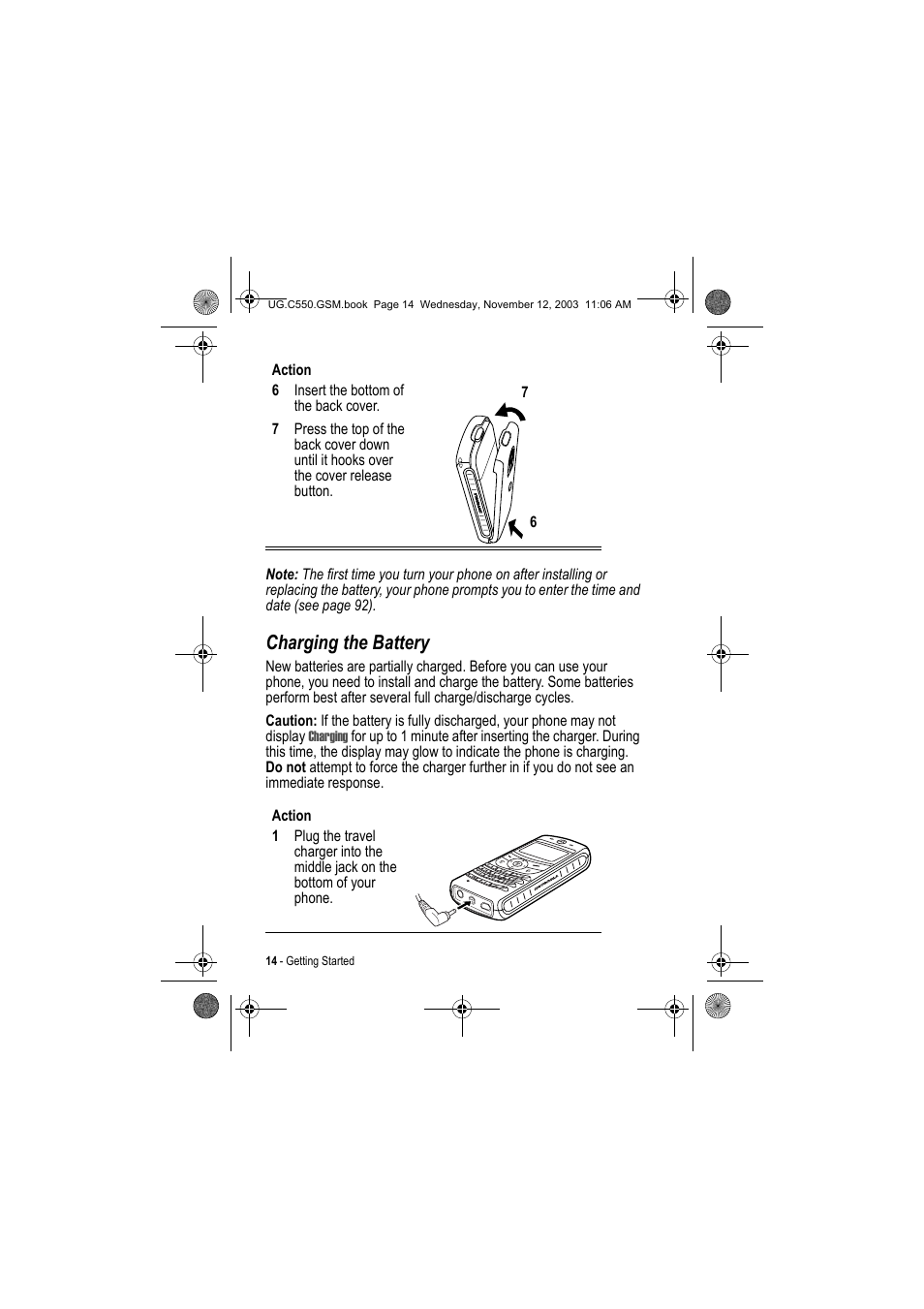 Charging the battery | Motorola C550 User Manual | Page 14 / 110