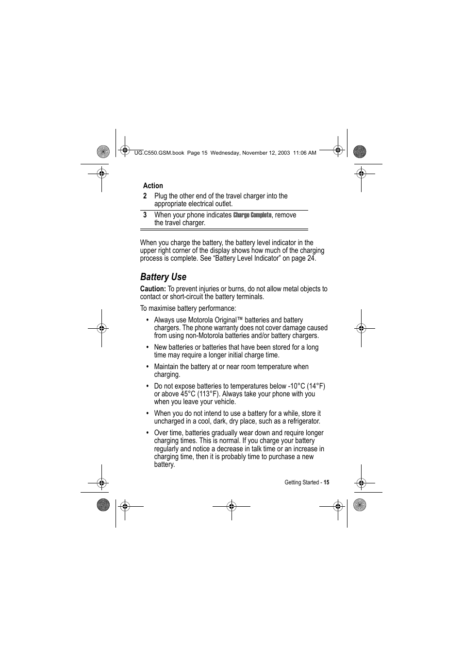 Battery use | Motorola C550 User Manual | Page 15 / 110