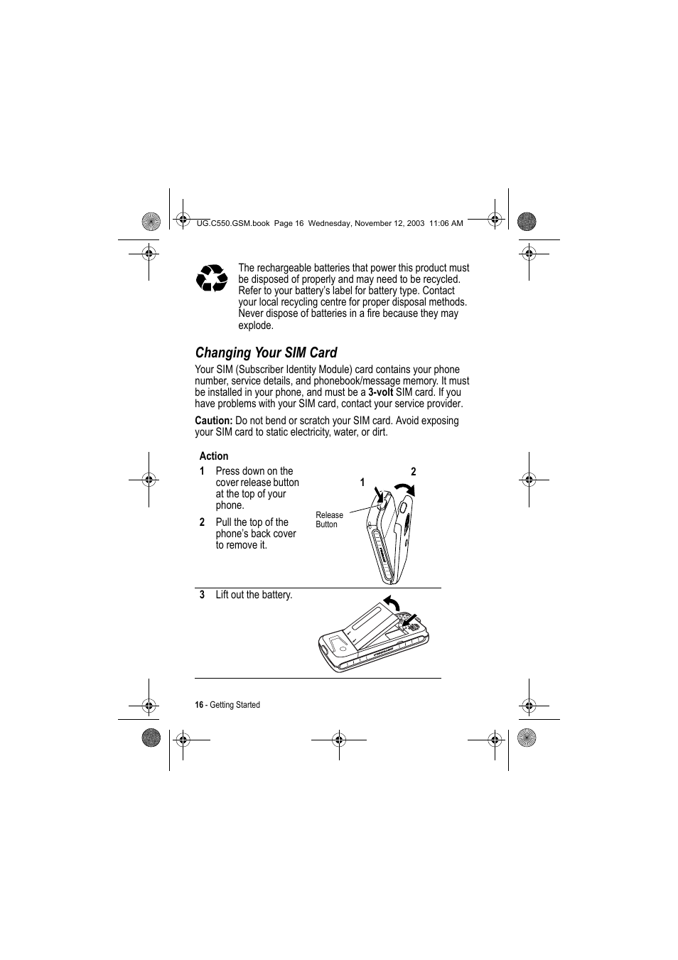 Changing your sim card | Motorola C550 User Manual | Page 16 / 110