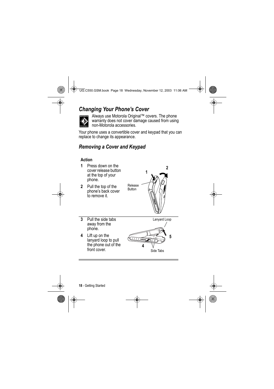 Changing your phone’s cover, Removing a cover and keypad | Motorola C550 User Manual | Page 18 / 110