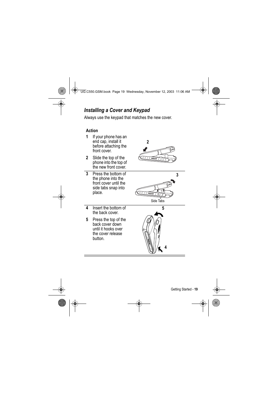 Installing a cover and keypad | Motorola C550 User Manual | Page 19 / 110