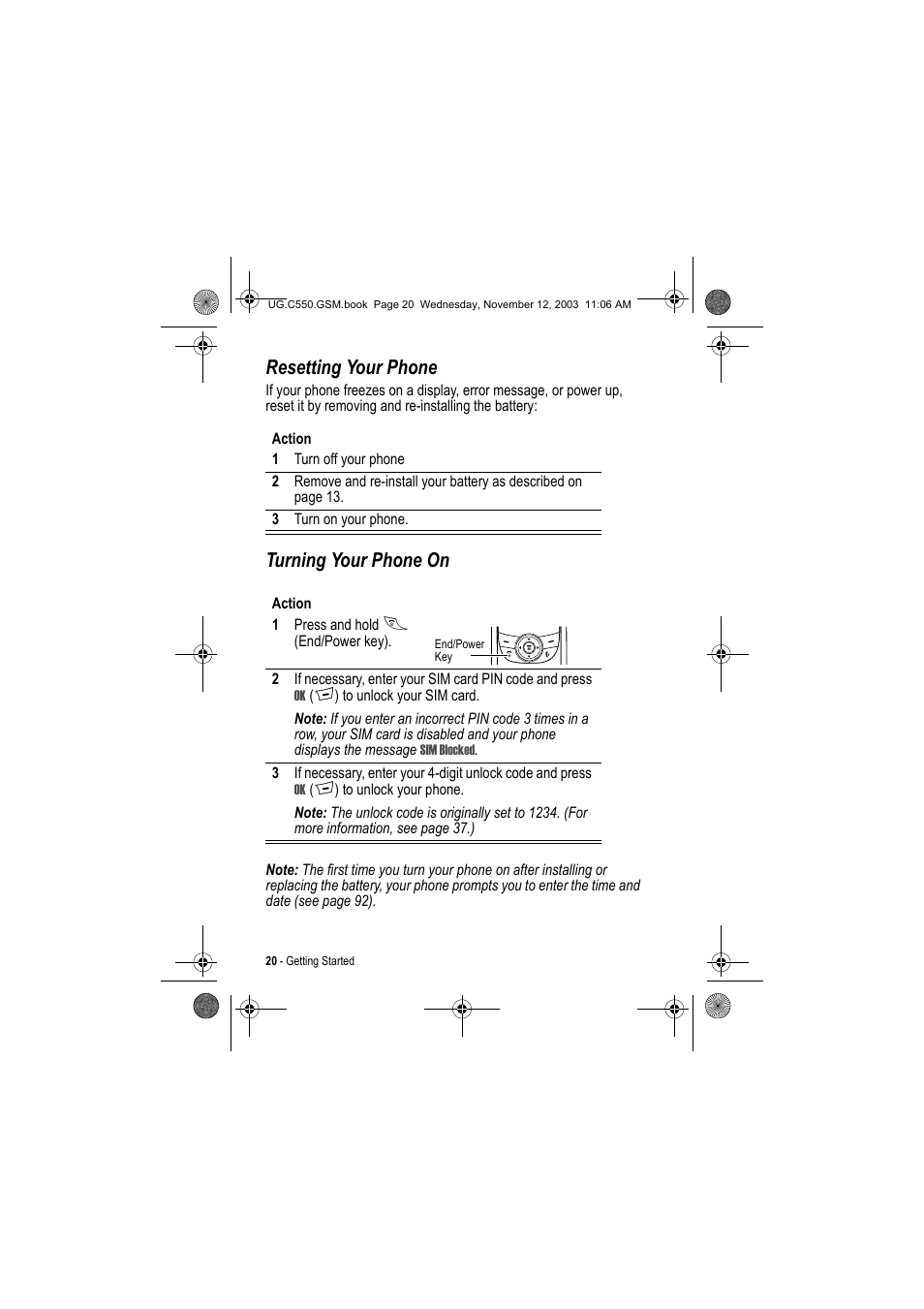 Resetting your phone, Turning your phone on | Motorola C550 User Manual | Page 20 / 110