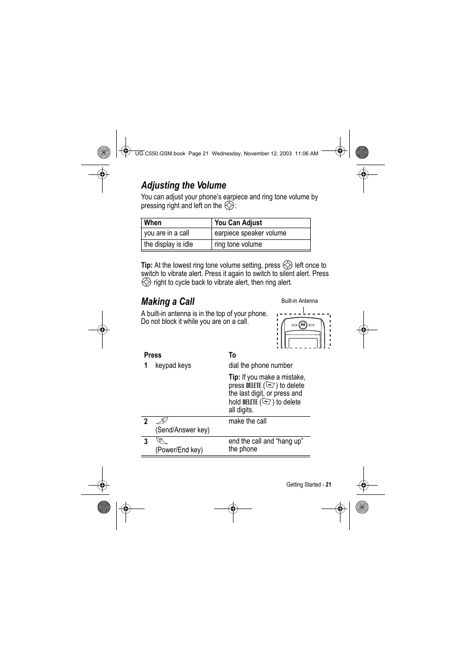 Adjusting the volume, Making a call | Motorola C550 User Manual | Page 21 / 110