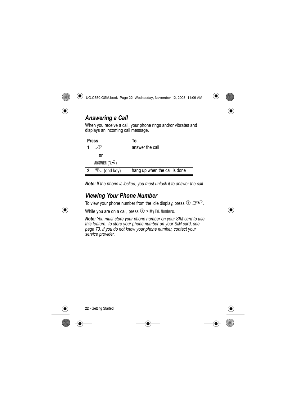 Answering a call, Viewing your phone number | Motorola C550 User Manual | Page 22 / 110